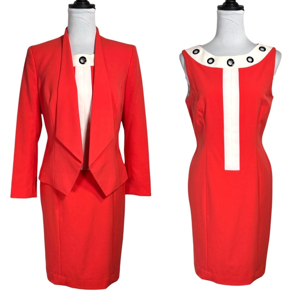 Nine West 2 Pc Jacket Dress Suit Sz 4 Colorblock Coral Orange Mod Sheath Career